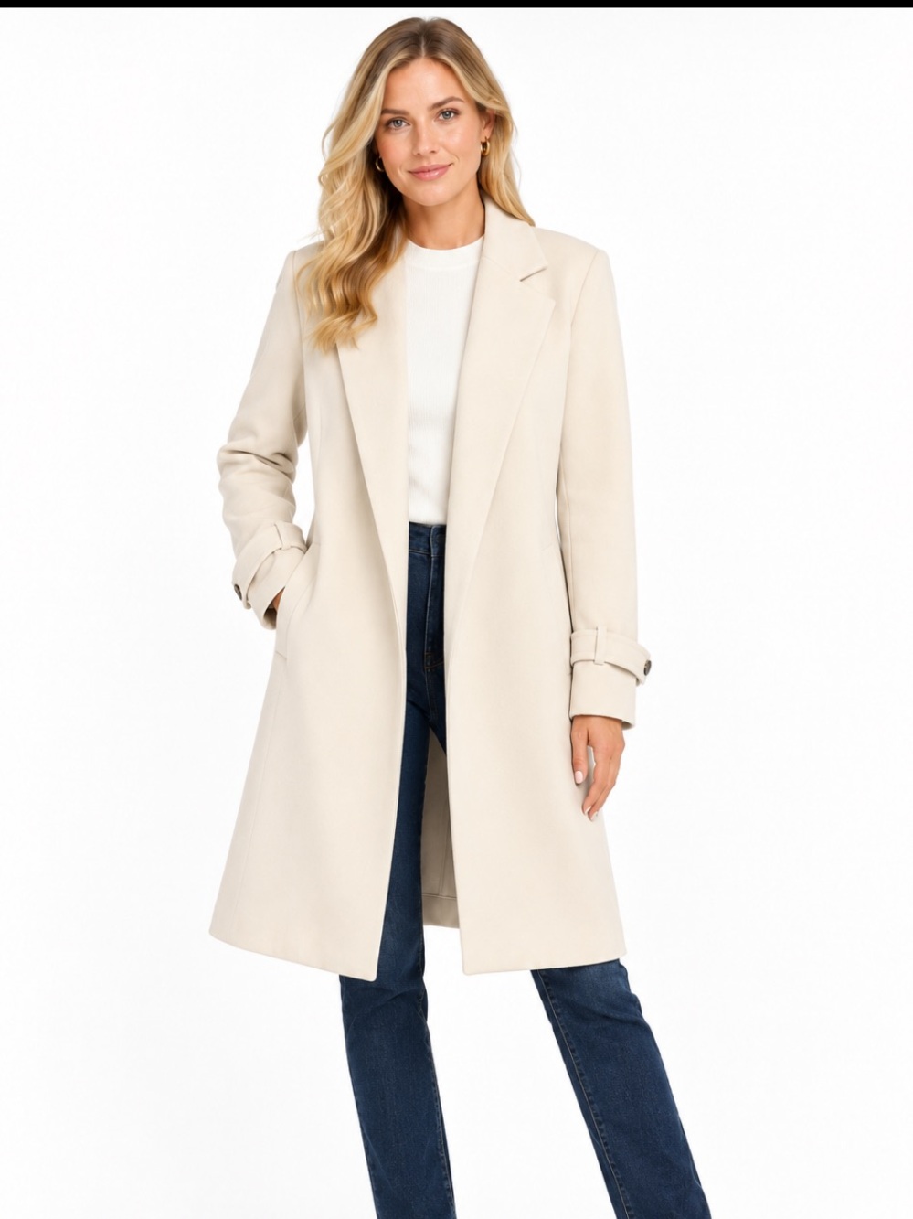 H&M  Cream Longline Open Front Adjustable Cuff Trench Coat Size 4